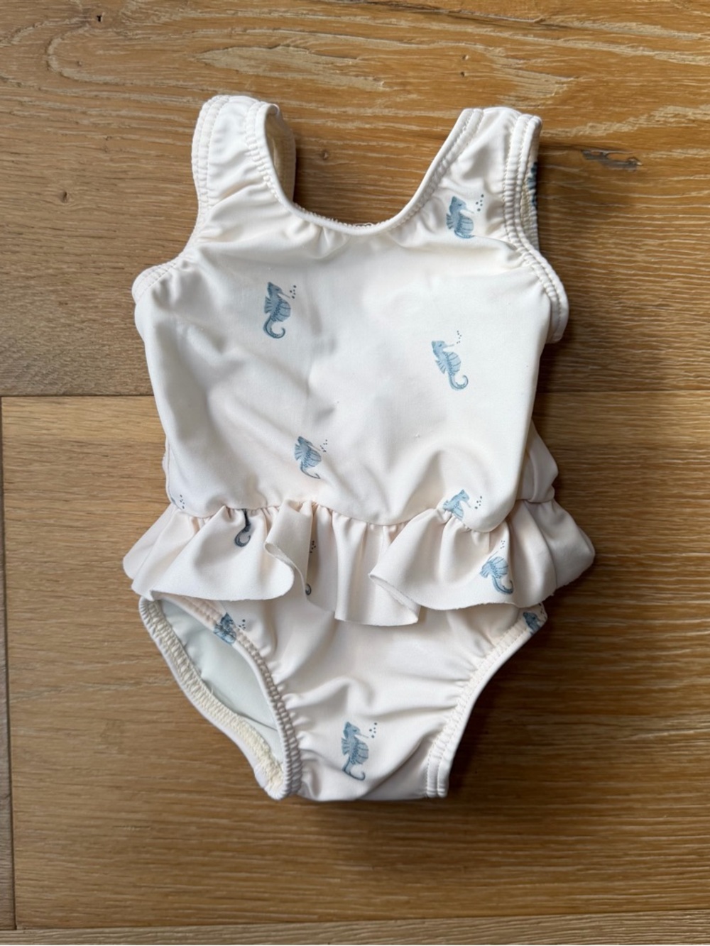 Rylee + Cru Cream One-Piece Swimsuit with Blue Seahorse Print and Ruffle Waist